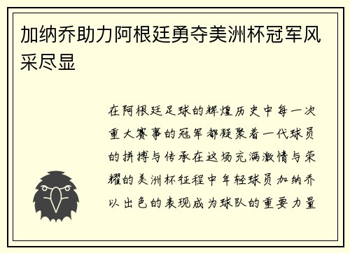 加纳乔助力阿根廷勇夺美洲杯冠军风采尽显 加纳乔助力阿根廷勇夺美洲杯冠军风采尽显